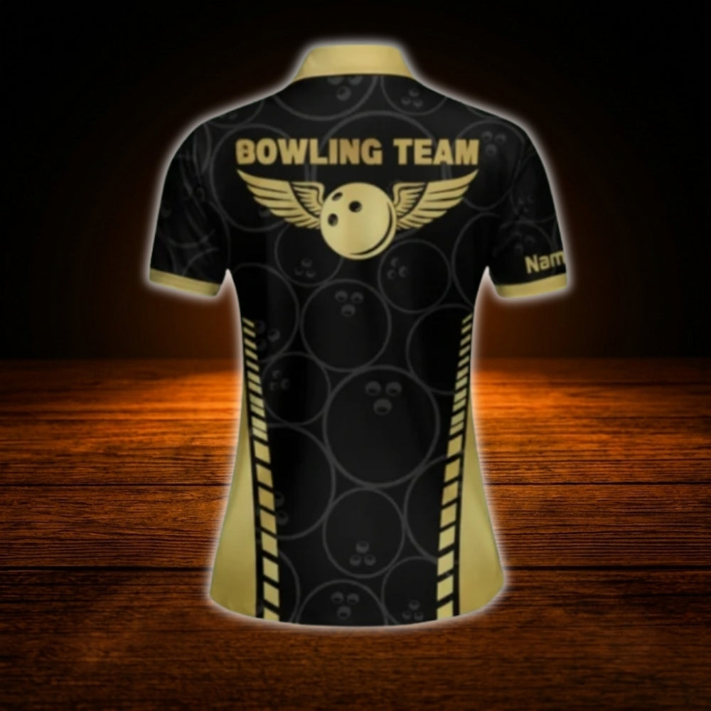 Black And Gold Custom Womens Bowling Team Shirt, Custom Bowling Shirt For Ladies