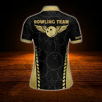 Black And Gold Custom Womens Bowling Team Shirt, Custom Bowling Shirt For Ladies