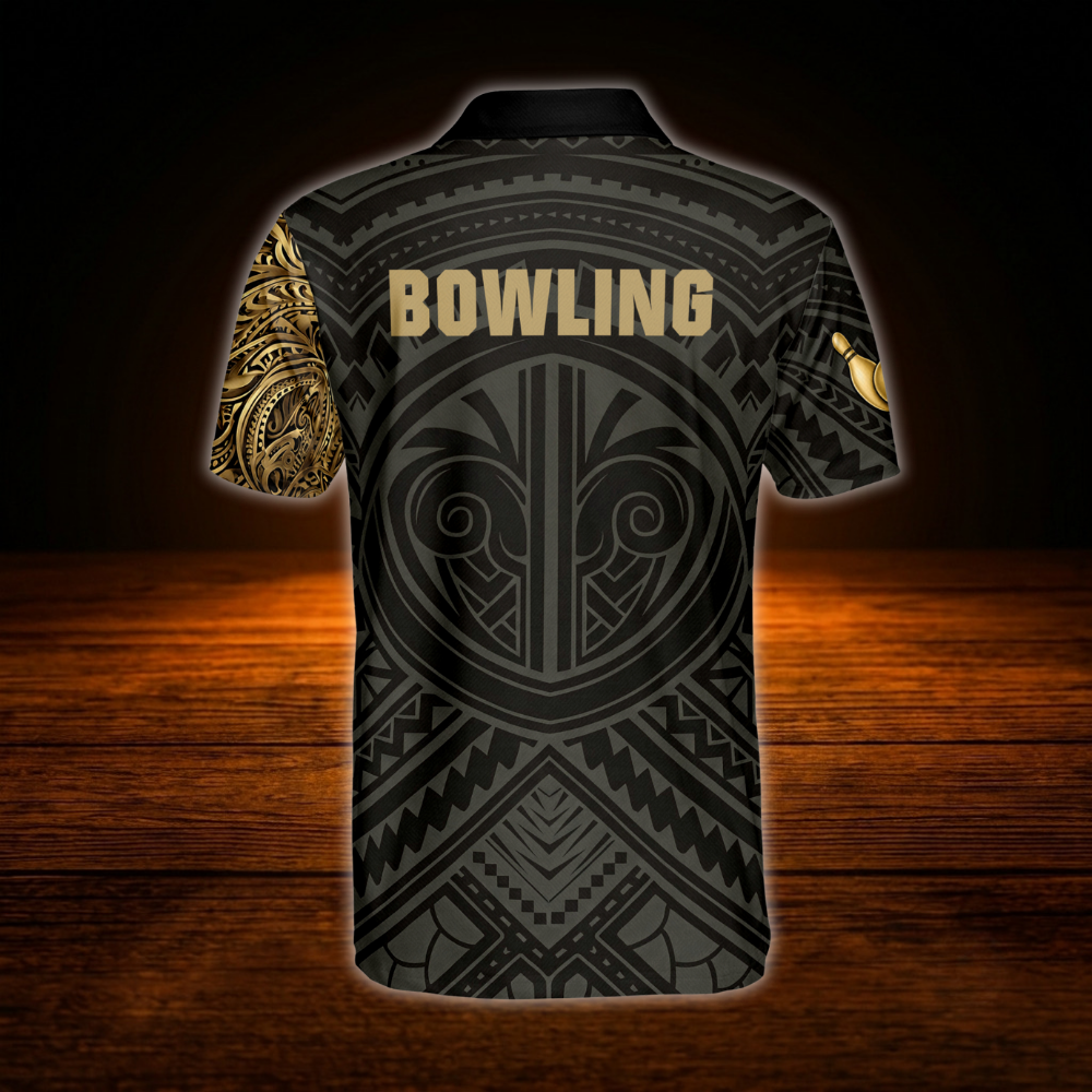 Custom Lion Tribal Men's Black And Gold Bowling Polo Shirt, Custom Lion Bowling Shirt