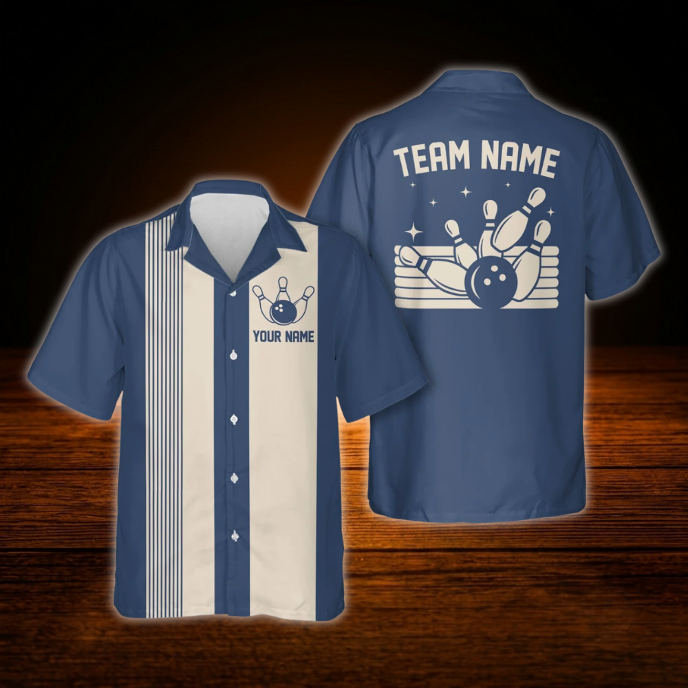 Custom Blue Beige Vintage Bowling Hawaiian Shirt, Custom Vintage Bowling Shirt For Team