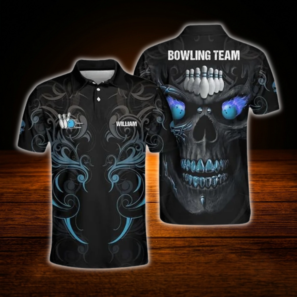 Custom Skull Flame Ball Bowling Mens Polo Shirts, Custom Skull Bowling Team Shirts
