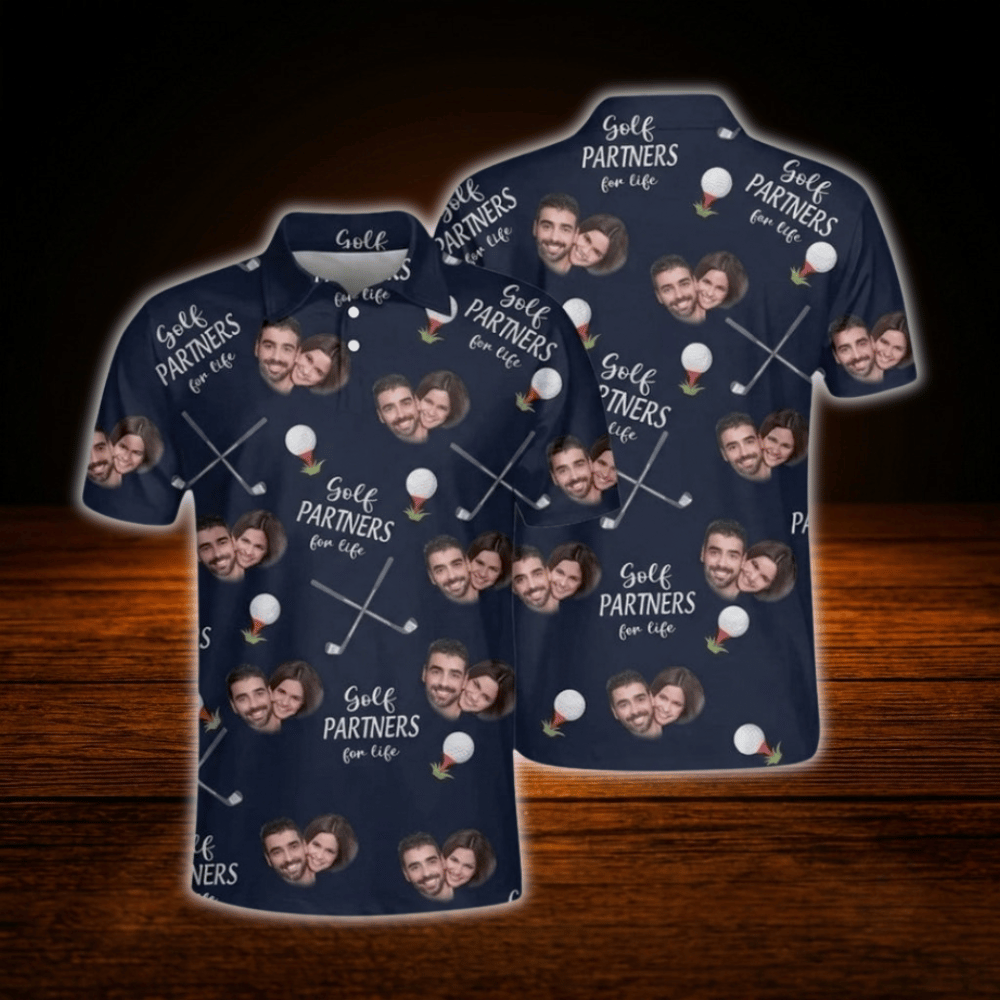 Golf Partners For Life Custom Face Matching Golf Polo Shirt For Men And Women, Custom Photo Couples Golf Shirts