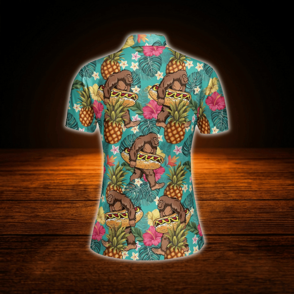Women's Bigfoot Hotdog Golf Polo Shirt, Bigfoot Tropical Golf Shirt For Ladies