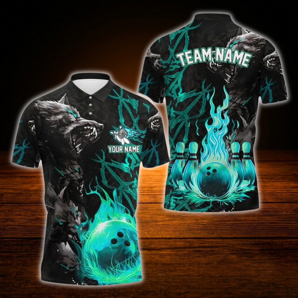 Custom Wolf Blue Flame Ball Bowling Polo Shirts Mens, Custom Wolf Bowling Team Shirts