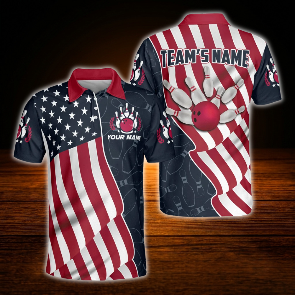 Custom American Flag Mens Polo Bowling Shirts, Custom Patriotic Team Bowling Shirts