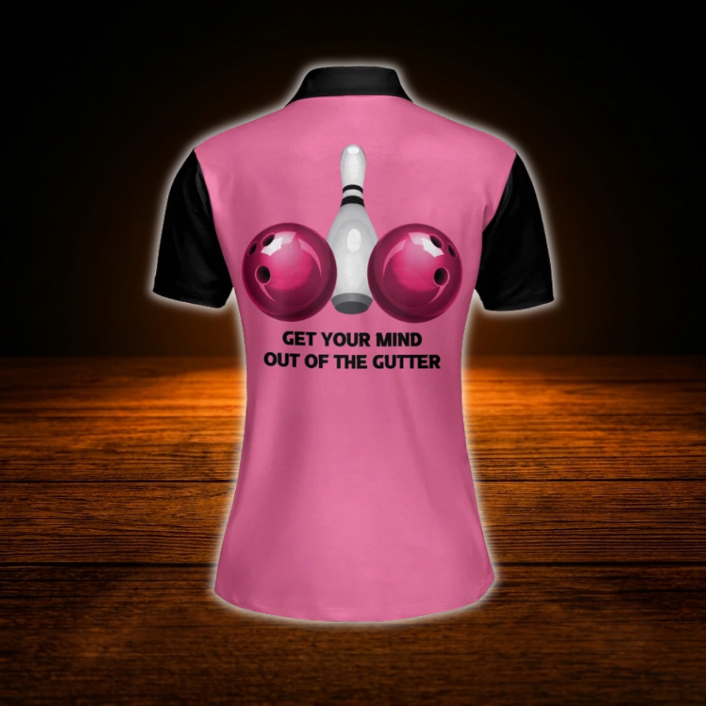 Custom Get Your Mind Out Of The Gutter Black And Pink Bowling Polo Shirts For Women, Custom Funny Bowling Shirts For Women