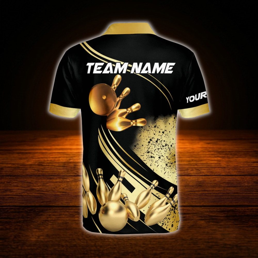 Custom Team Black And Gold Bowling Polo Shirts For Men, Custom Team Bowling Shirts