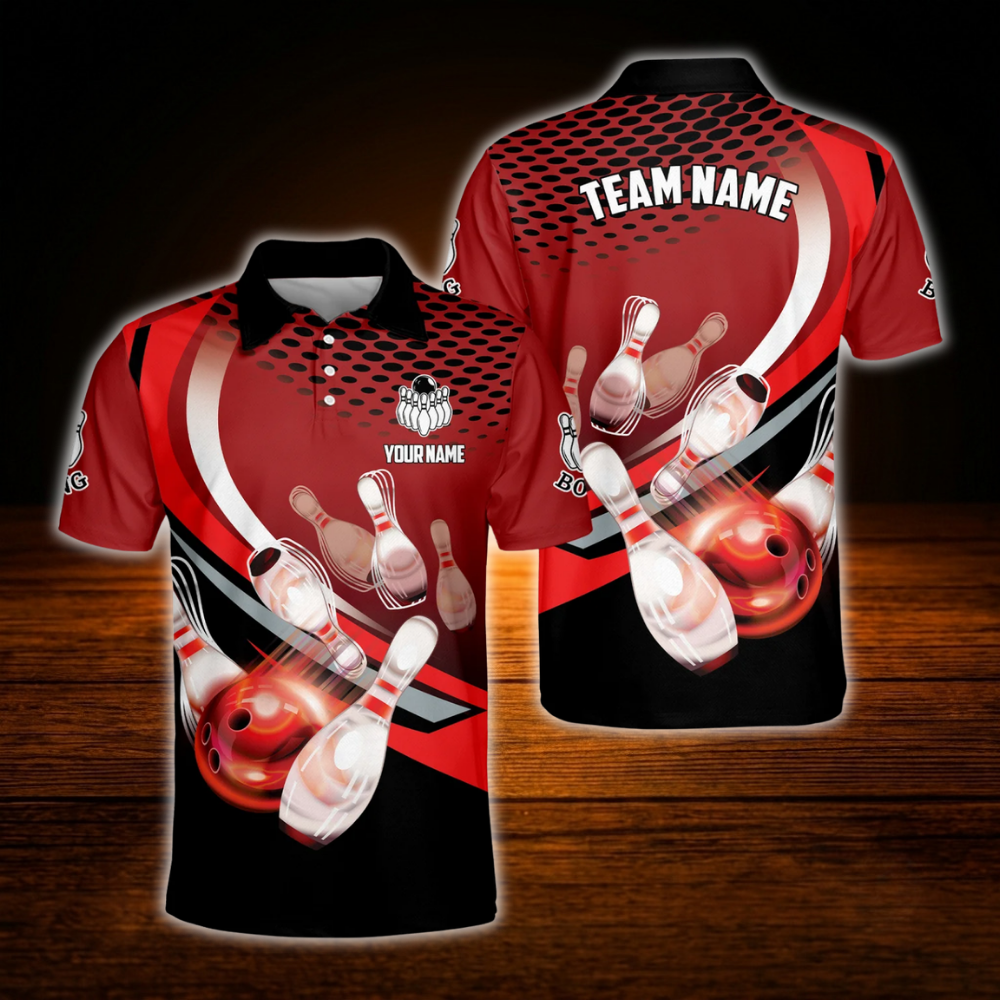 Red And Black Custom Team Bowling Polo Shirt For Men, Custom Bowling Team Shirt
