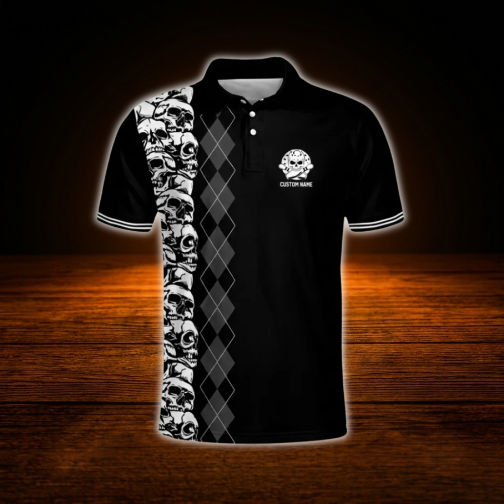 Custom Shut Up And Bowl Black Bowling Polo Shirt For Men, Custom Funny Skull Bowling Shirt