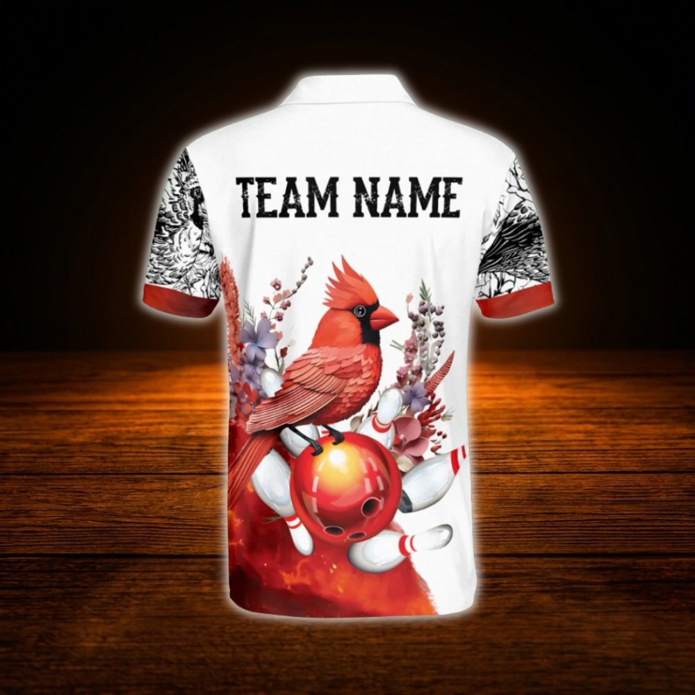 Custom Cardinal Bird Orange White Bowling Polo Shirts For Men, Custom Cardinal Bowling Team Shirts