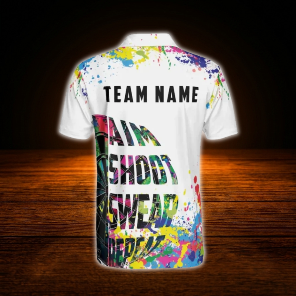 Aim Shoot Swear Repeat Custom Colorful Dart Men Polo Shirt, Custom Funny Darts Team Shirt