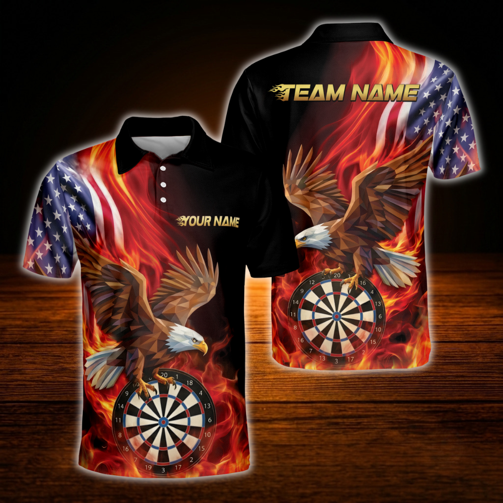 Custom Eagle Flaming Darts Polo Shirt For Men, Custom Eagle Darts Team Shirt