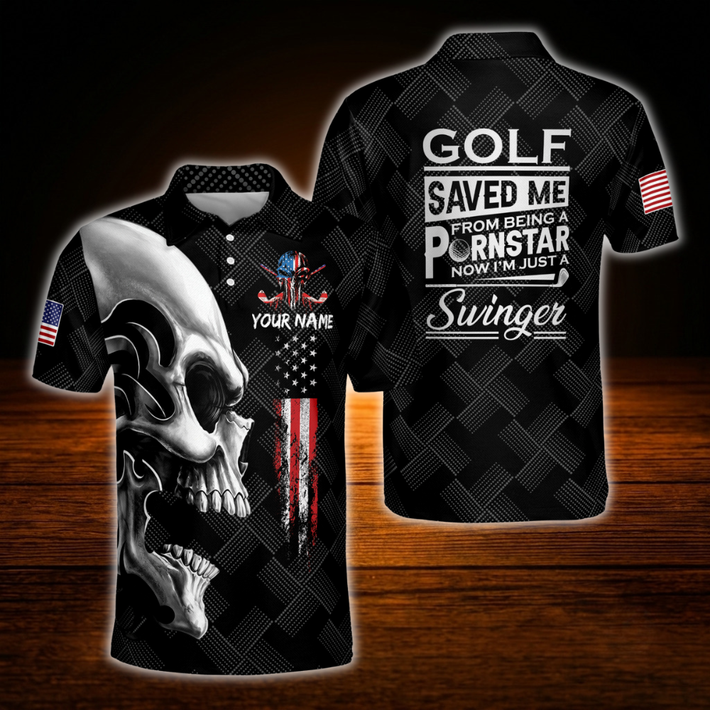 Golf Saved Me From Being A Pornstar Now I'm Just A Swinger Custom Skull Black Golf Polo Shirt Men, Custom Funny Skull Golf Shirt