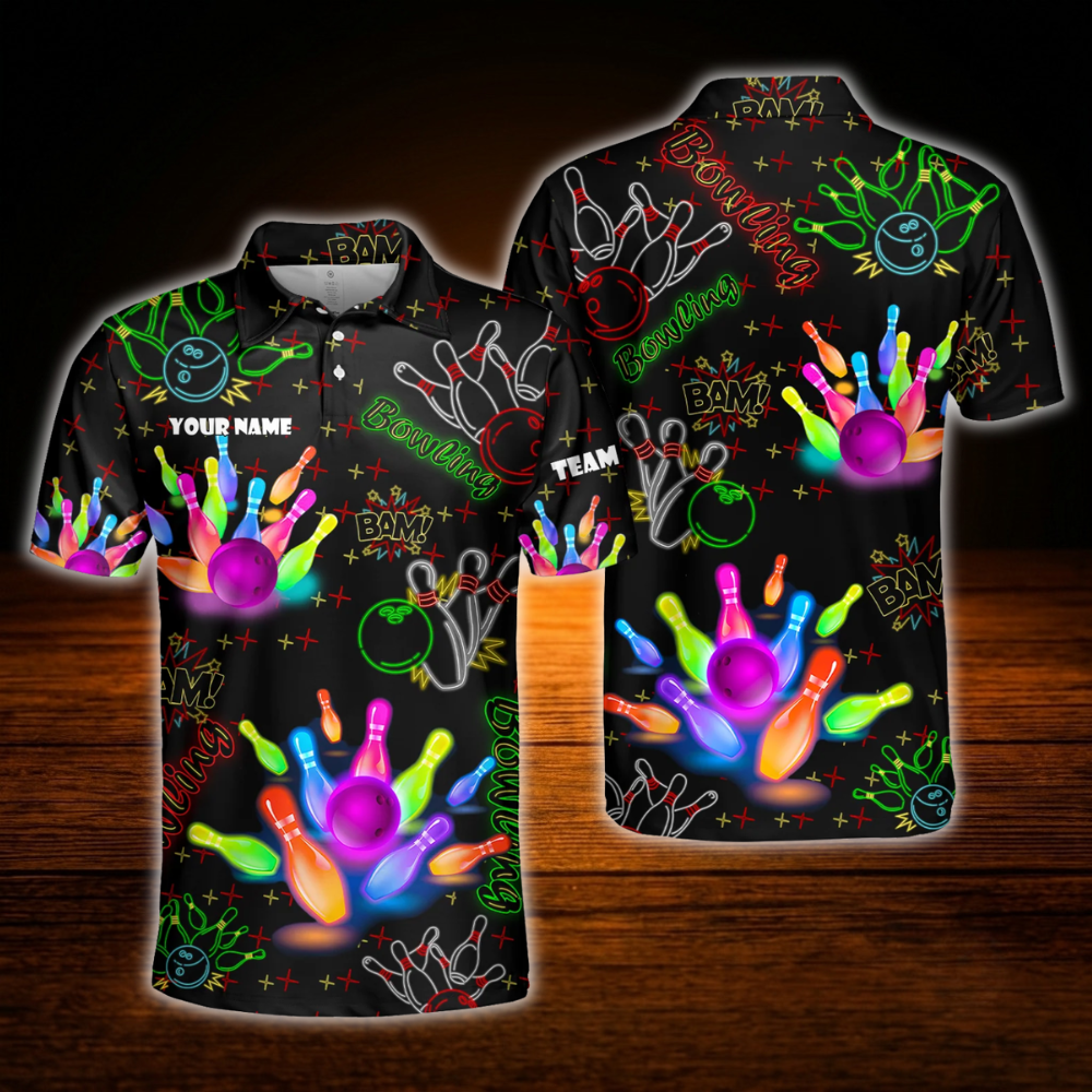 Custom Colorful Neon Bowling Polo Shirts For Men, Custom Bowling Team Shirts