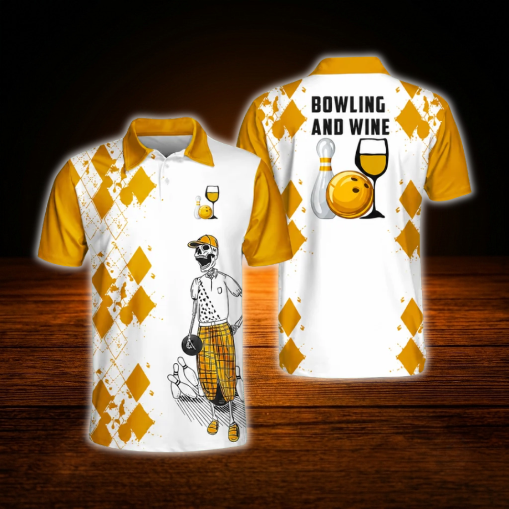 Bowling And Wine That's Why I'm Here Custom Wine Skull Yellow Bowling Shirts Men, Custom Funny Wine Bowling Team Shirts