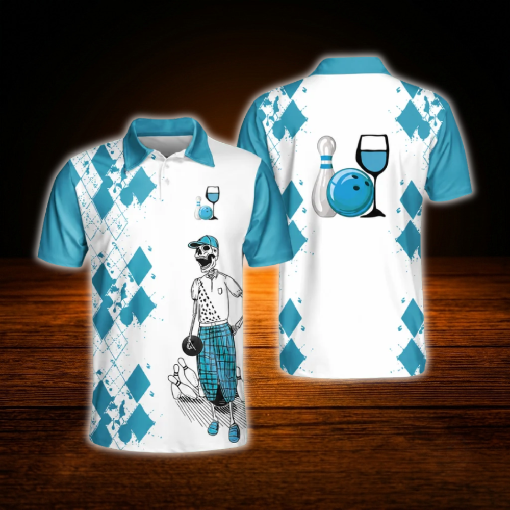 Bowling And Wine That's Why I'm Here Custom Wine Skull Yellow Bowling Shirts Men, Custom Funny Wine Bowling Team Shirts