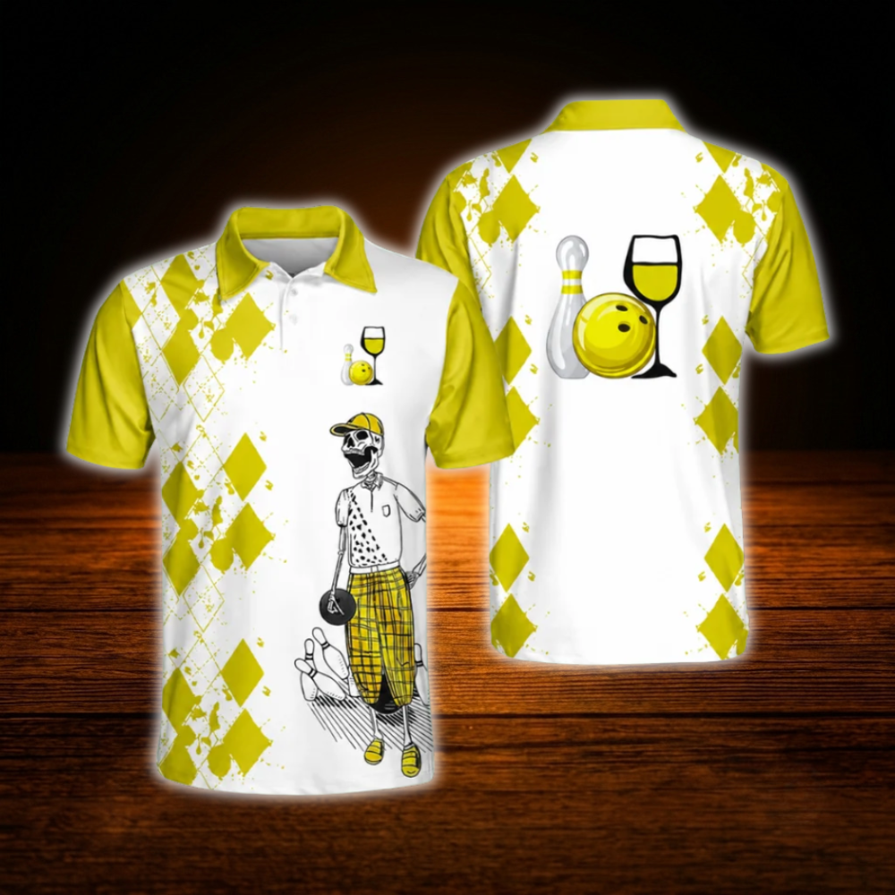 Bowling And Wine That's Why I'm Here Custom Wine Skull Yellow Bowling Shirts Men, Custom Funny Wine Bowling Team Shirts
