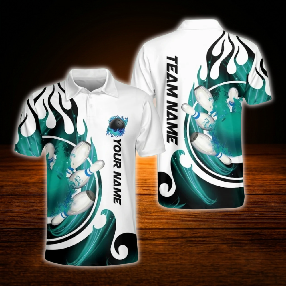 Custom Flame Bowling Polo Shirt For Men Blue And White, Custom Flame Bowling Shirt For Team