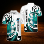 Custom Flame Bowling Polo Shirt For Men Blue And White, Custom Flame Bowling Shirt For Team