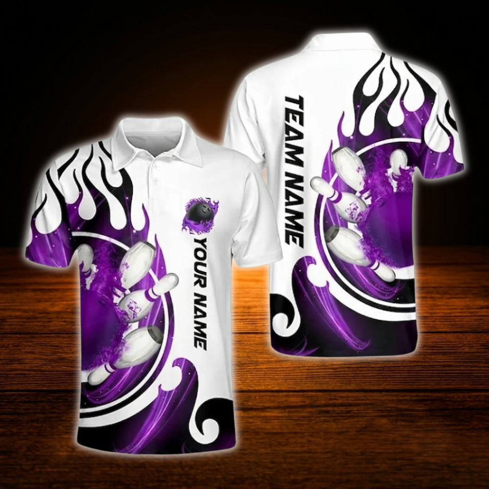 Custom Flame Bowling Polo Shirt For Men Blue And White, Custom Flame Bowling Shirt For Team