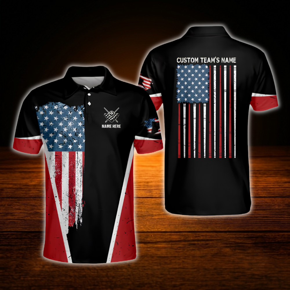 Custom USA Flag Grunge Men's Black Billiard Polo Shirt, Custom Patriotic Billiard Team Shirt