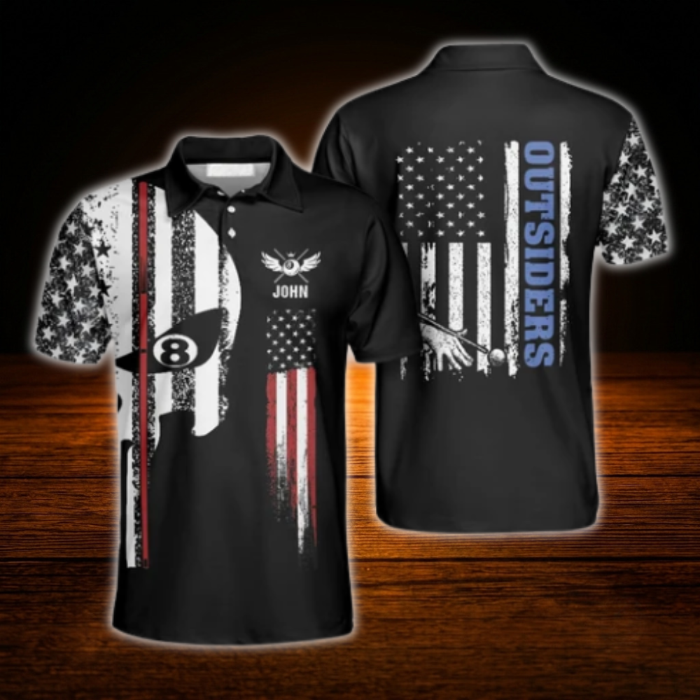 USA Flag Skull Custom Mens Billiard Polo Shirt, Custom Skull Billiard Team Shirt