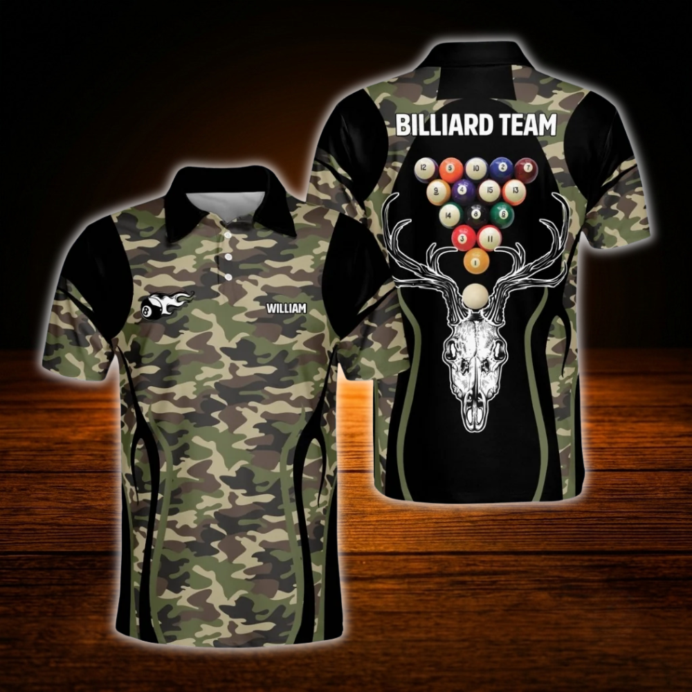 Custom Camo Skull Deer Billiard Polo Shirt For Men, Custom Camouflage Billiard Team Shirt