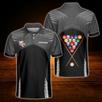 Custom Name Black Grey Billiard Polo Shirt For Men, Custom Billiard Player Shirts
