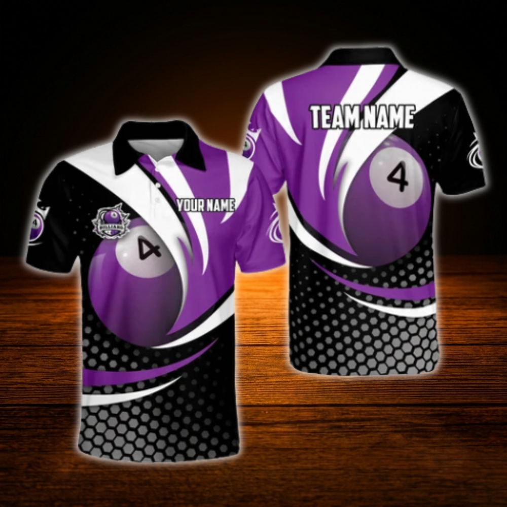 Custom 4 Ball Purple Black Billiard Polo Shirt For Men, Custom Team 4 Ball Billiard Shirt BIA0686