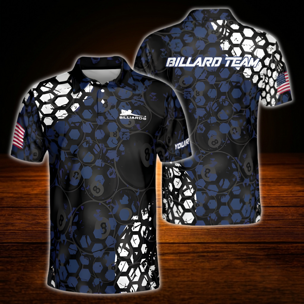 Custom 8 Ball Men's Hexagon Blue Navy Billiard Polo Shirt, Custom 8 Ball Pool Team Shirt