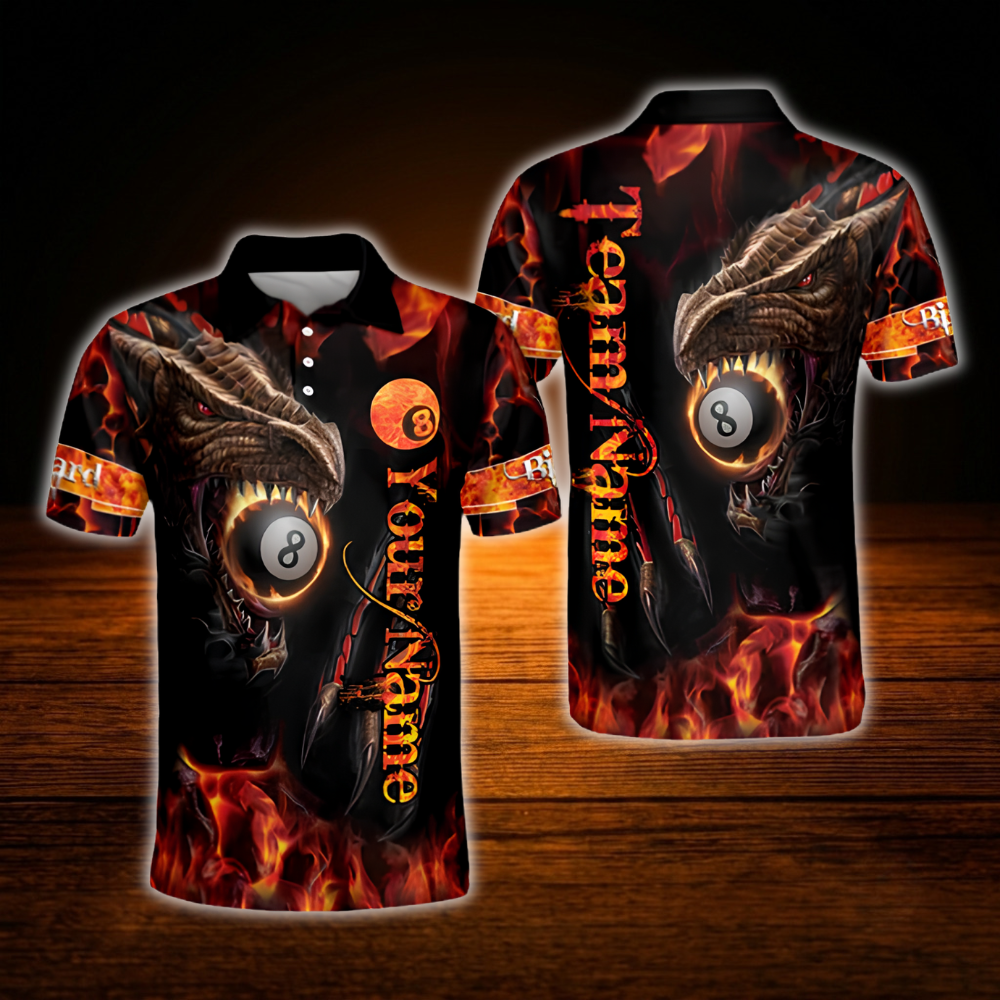 Dragon Flaming 8 Ball Custom Mens Billiard Polo Shirt, Custom Dragon Billiard Team Shirt BIA0785