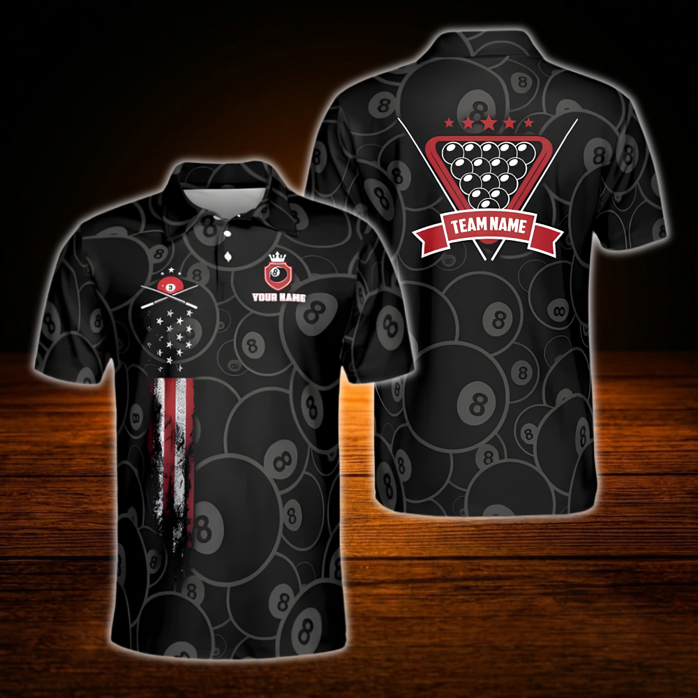 Custom 8 Ball USA Flag Men's Black Billiard Polo Shirt, Custom 8 Ball Pool Shirt Team