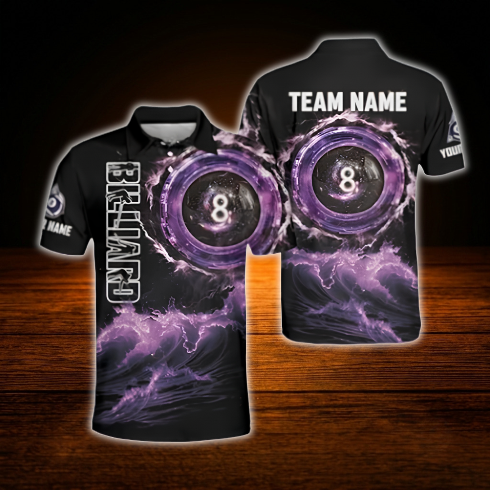 Custom 8 Ball Purple Lightning Billiard Men Polo Shirt, Custom 8 Ball Pool Team Shirt