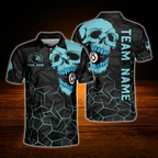 Custom Skull Cyan Black Men's Billiard Polo Shirt, Custom Skull Billiard Team Shirt