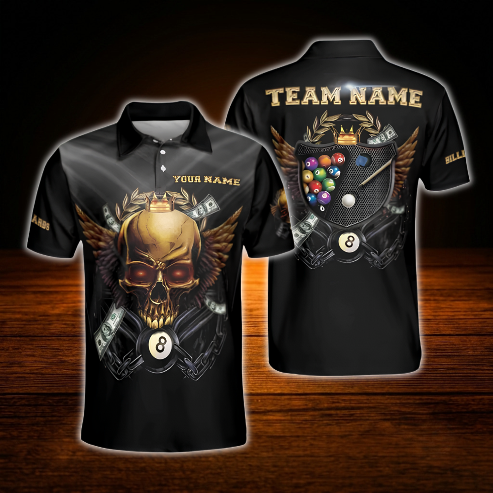 Custom Golden Skull Billiard Polo Shirt For Men, Custom Skull Team Billiard Shirt