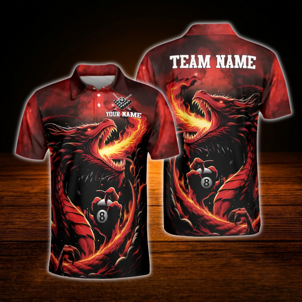 Custom Dragon Fire Billiard Men Polo Shirt, Custom Team Dragon Billiard Shirt