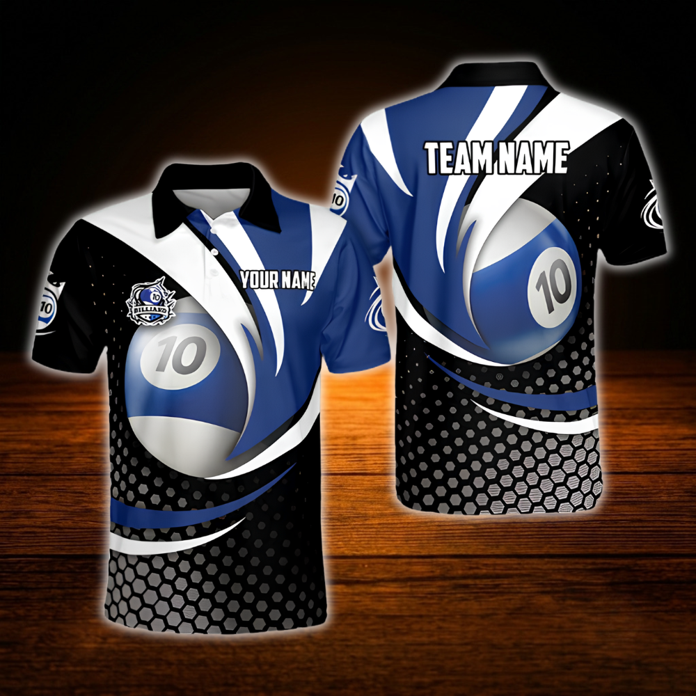 Custom 10 Ball Blue Black Billiard Polo Shirt For Men, Custom Team 10 Ball Billiard Shirt