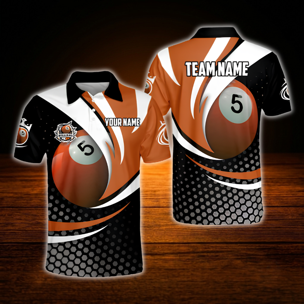 5 Ball Custom Orange Black Billiard Polo Shirt Men, Custom Team 5 Ball Billiard Shirt