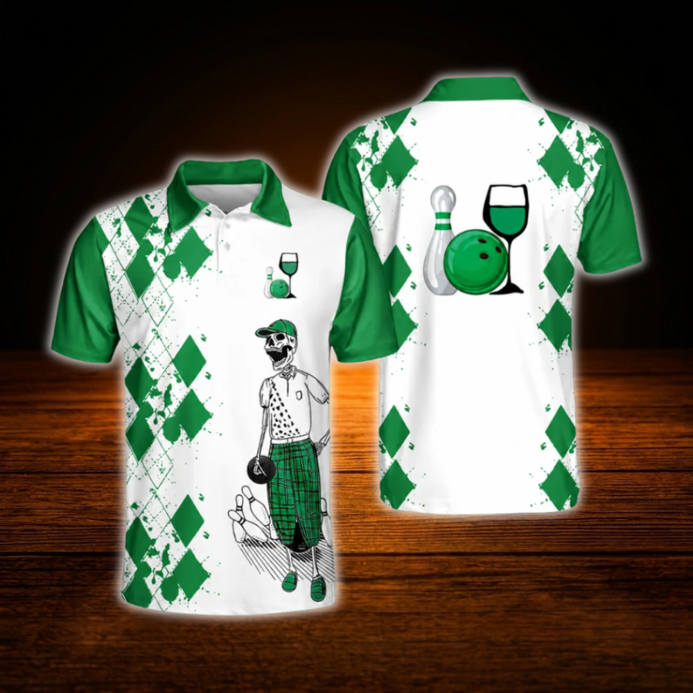 Bowling And Wine That's Why I'm Here Custom Wine Skull Yellow Bowling Shirts Men, Custom Funny Wine Bowling Team Shirts