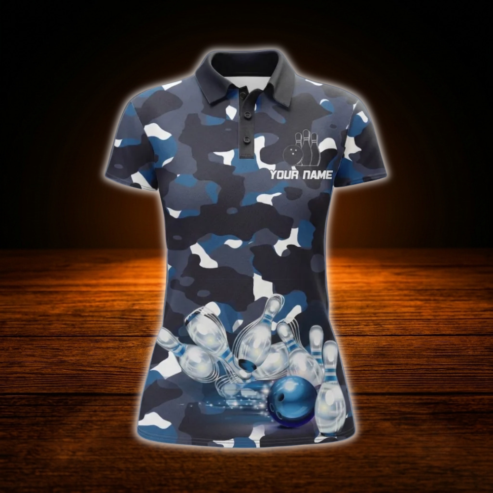 Custom Camo Blue Bowling Polo Shirts For Women, Custom Camo Bowling Team Shirts For Ladies