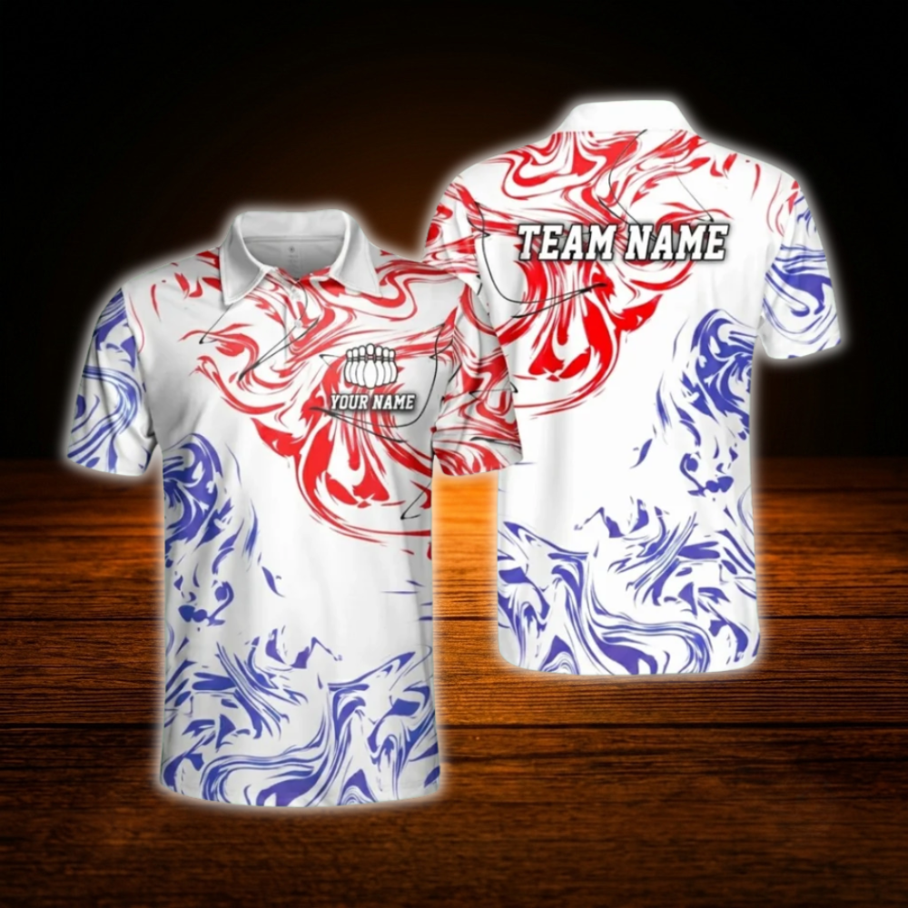Custom Team White Purple Abstract Bowling Polo Shirts Mens, Custom Team Bowling Shirts