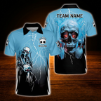 Custom Skull Red And Black Thunder Bowling Polo Shirts For Men, Custom Skull Bowling Team Shirts