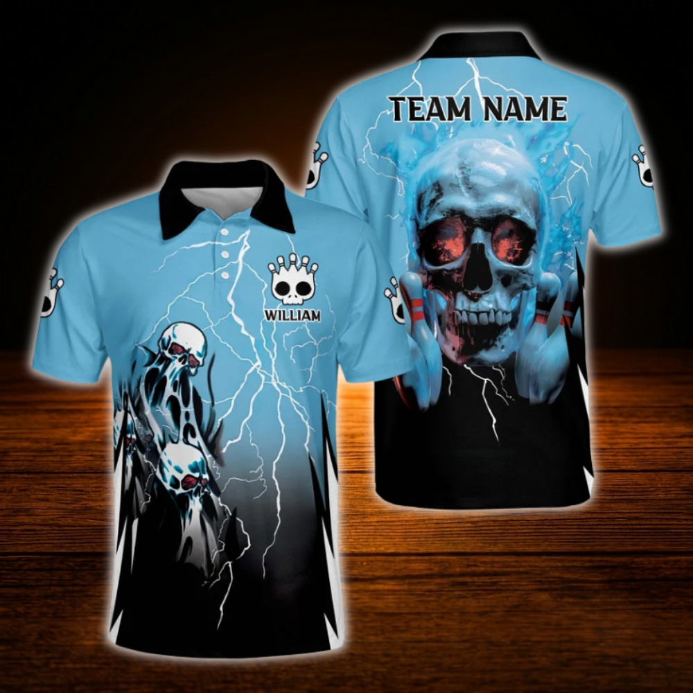 Custom Skull Red And Black Thunder Bowling Polo Shirts For Men, Custom Skull Bowling Team Shirts