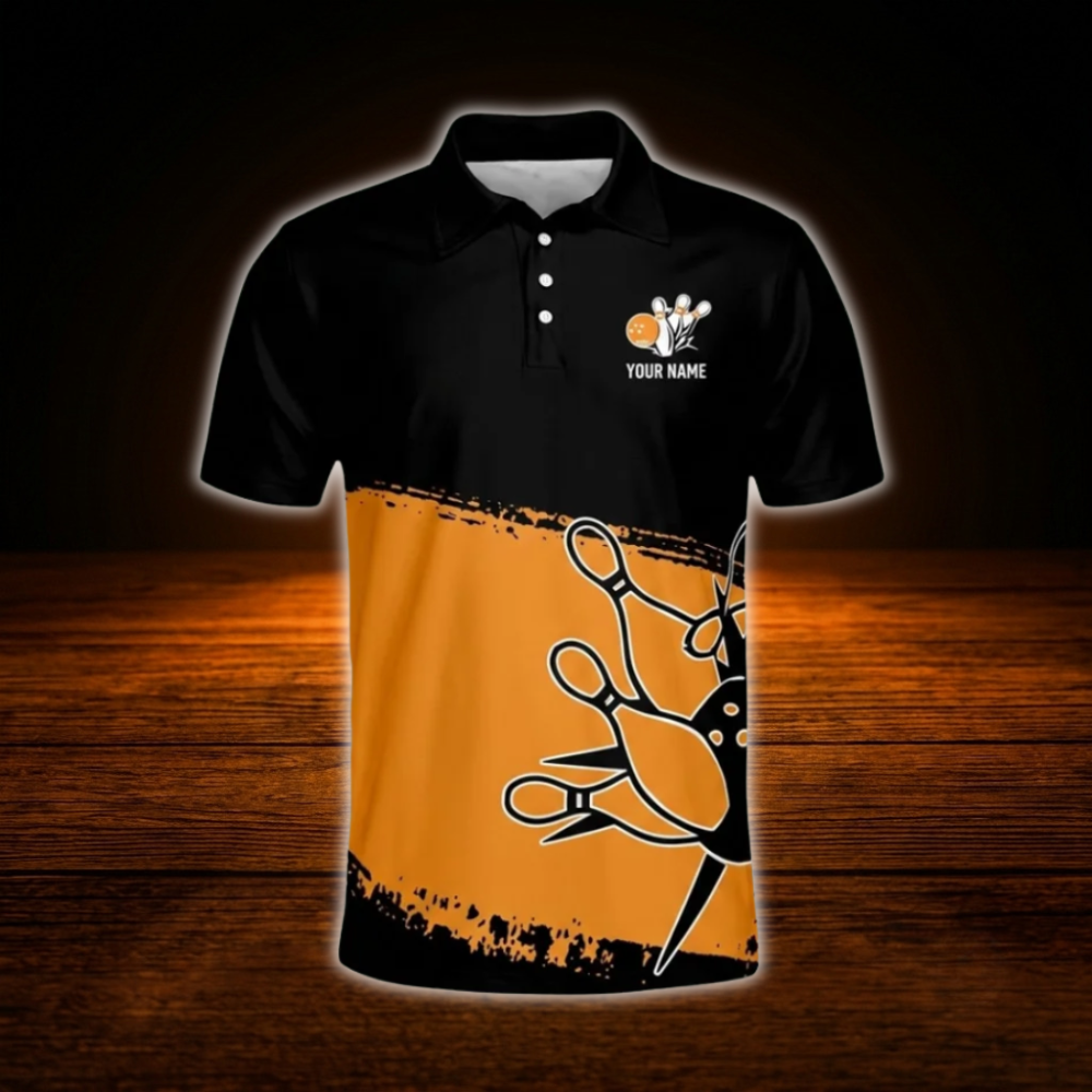 Custom Team Black And Orange Bowling Polo Shirts For Mens, Custom Team Bowling Shirts