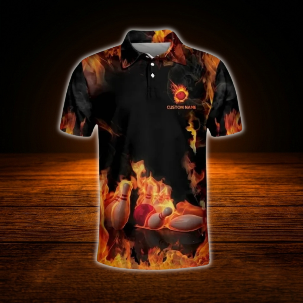 Custom Flame Bowling King Bowling Polo Shirts For Men, Custom Flame Bowling Team Shirts
