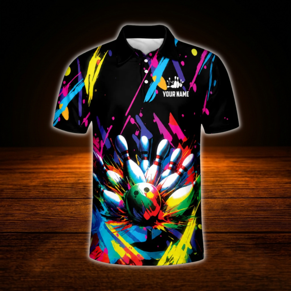 Custom Graffiti Splash Paint Mens Bowling Polo Shirts, Custom Graffiti Bowling Team Shirts