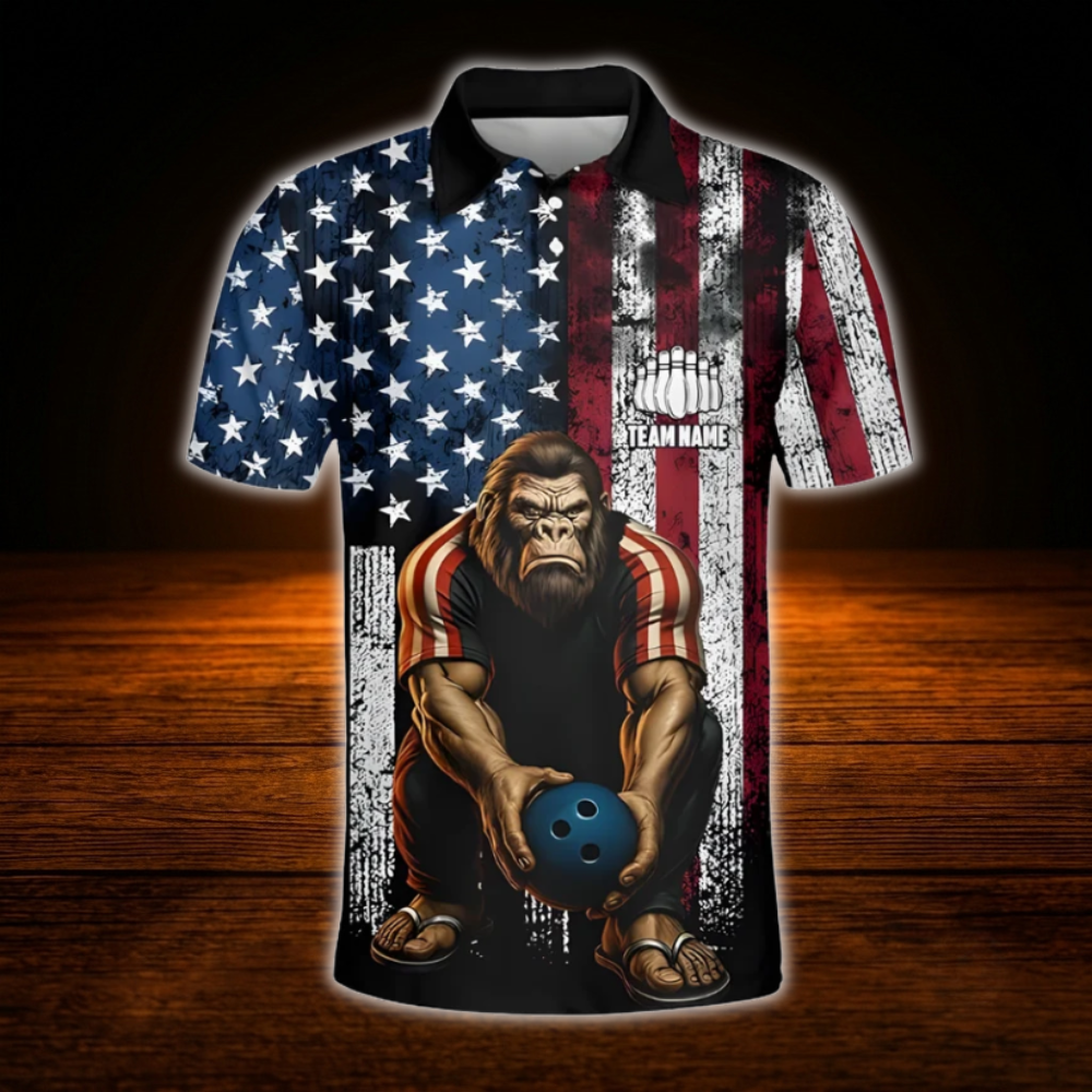 Custom Bigfoot American Flag Bowling Polo Shirts Mens, Custom Bigfoot Bowling Team Shirts