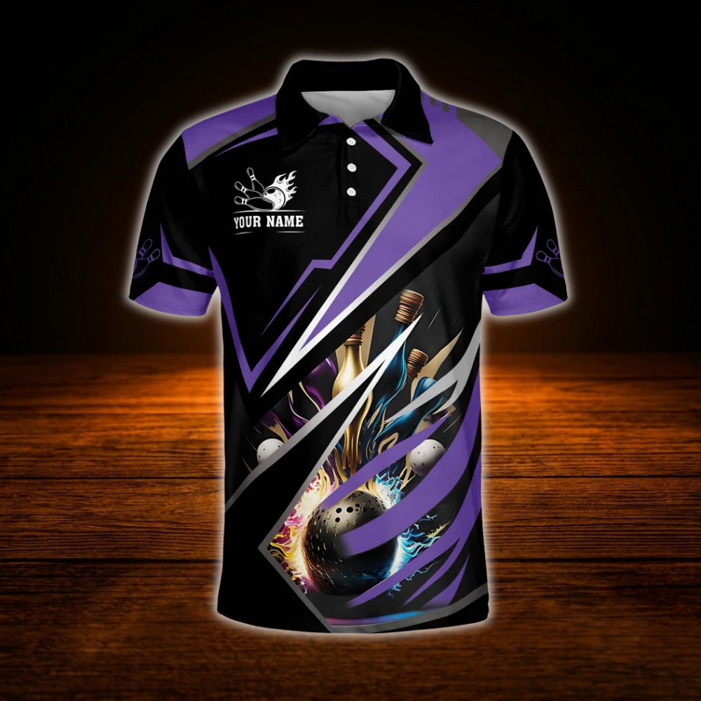 Custom Team Purple And Black Bowling Shirts For Men, Custom Bowling Team Shirts