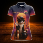 Custom Cat Funny Bowling Polo Shirts For Women, Custom Cat Bowling Team Shirts For Ladies