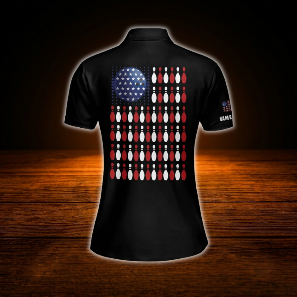 Custom American Flag Bowling Polo Shirts For Women, Custom Patriotic Bowling Shirts Ladies